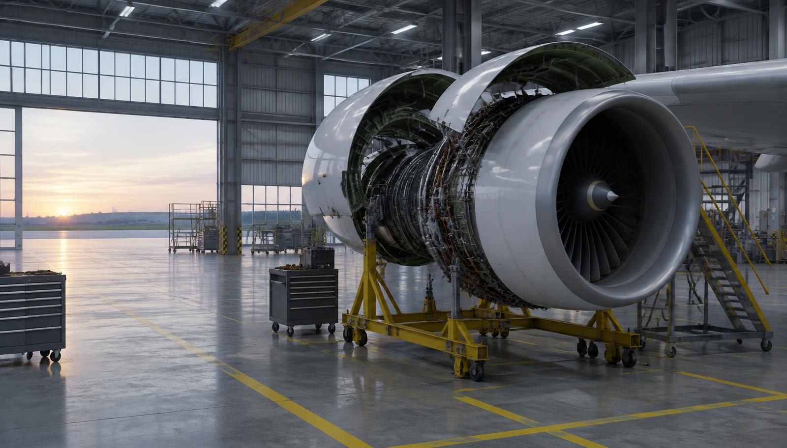 Illustration d'un hangar de maintenance, moteur capoté ouvert sur bâti